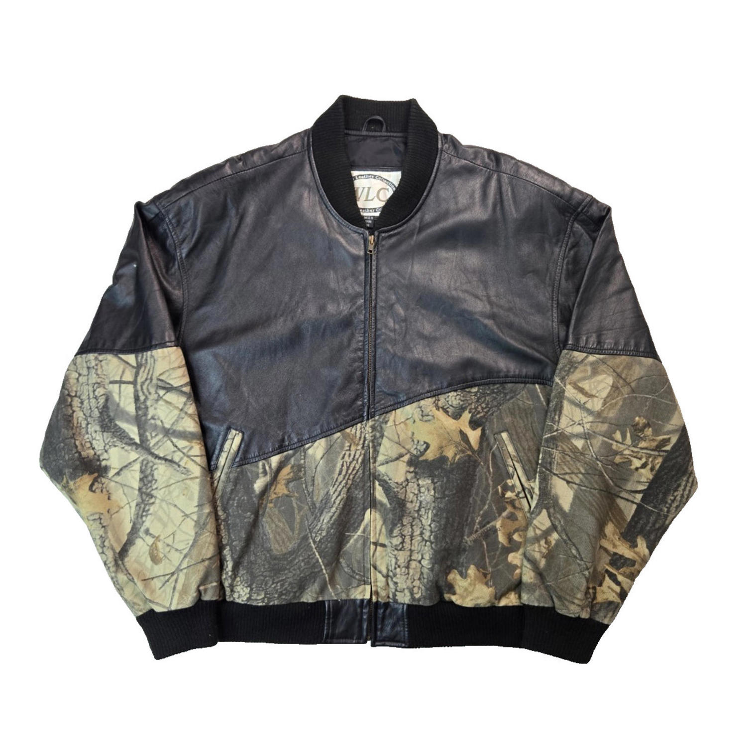 Webers Wlc Vintage Black Leather Camo Zip Bomber Jacket Mens Size Xl